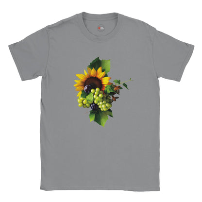 Gray t-shirt with a sunflower and fruit design on a white background