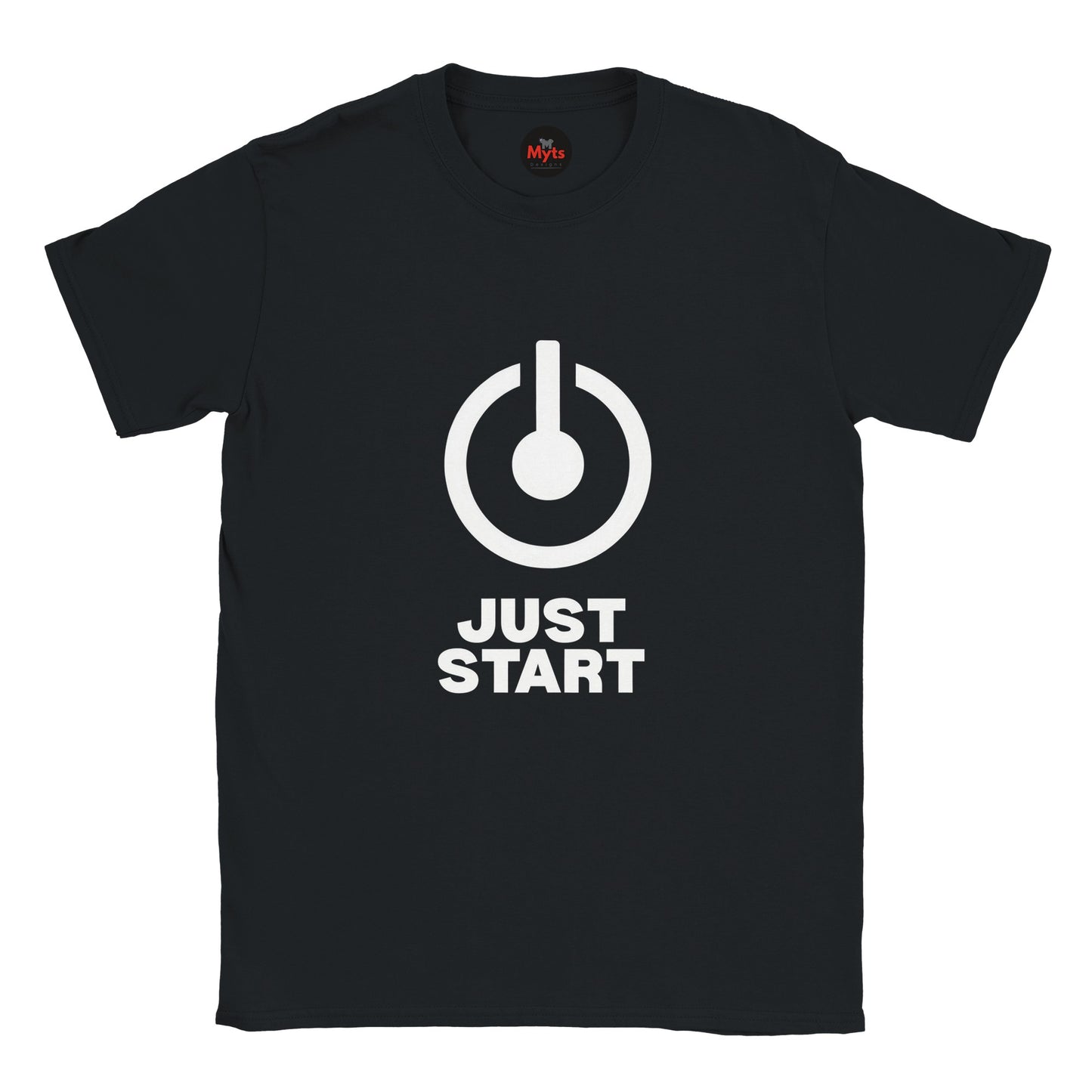 Minimalist Just Start motivational T-shirt with bold power button graphic on a black unisex tee