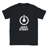Minimalist Just Start motivational T-shirt with bold power button graphic on a black unisex tee