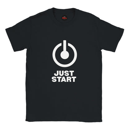 Minimalist Just Start motivational T-shirt with bold power button graphic on a black unisex tee