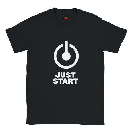 Minimalist Just Start motivational T-shirt with bold power button graphic on a black unisex tee