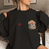 Broken Relic black unisex crewneck sweatshirt with small front surf graphic and large vintage surfboard beach design on back