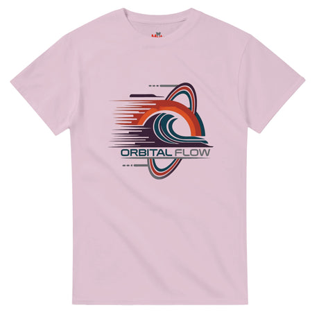 Pink t-shirt with 'Orbital Flow' graphic design on a white background