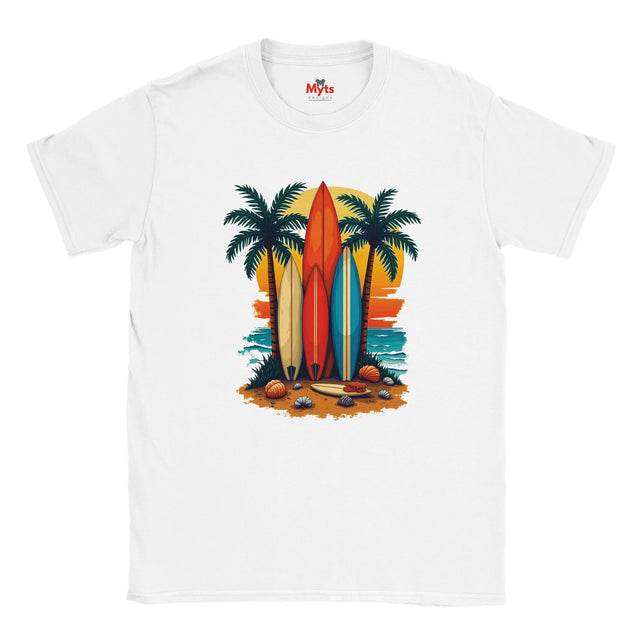 White t-shirt with a colorful graphic of surfboards and palm trees on a white background