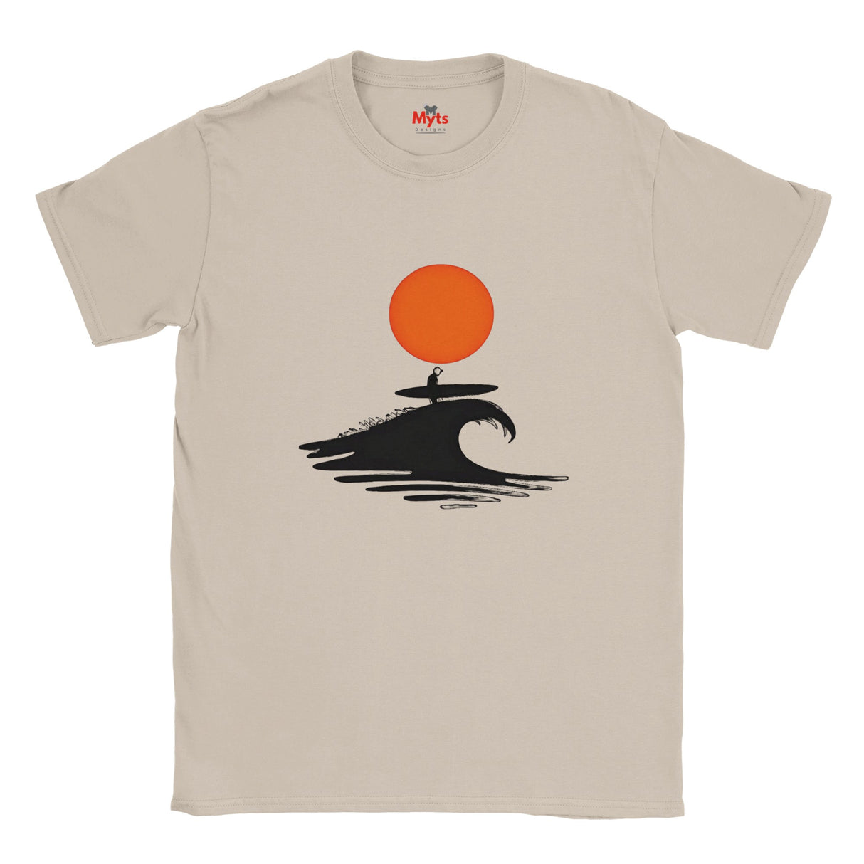Natural t-shirt with a graphic design of a person on a wave under an orange sun, brand 'Myts' visible.
