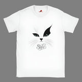 Minimalist cat face t-shirt front view stylized design