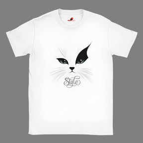 Minimalist cat face t-shirt front view stylized design