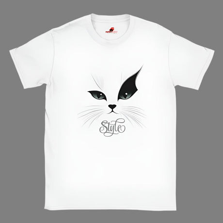Minimalist cat face t-shirt front view stylized design