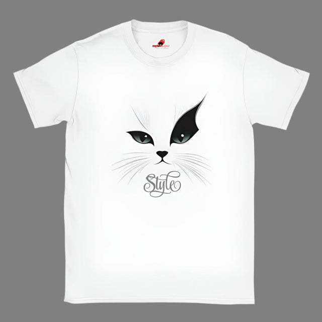 Minimalist cat face t-shirt front view stylized design
