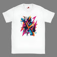 A white unisex t-shirt with a vivid abstract colored graphic design spread across the front.
