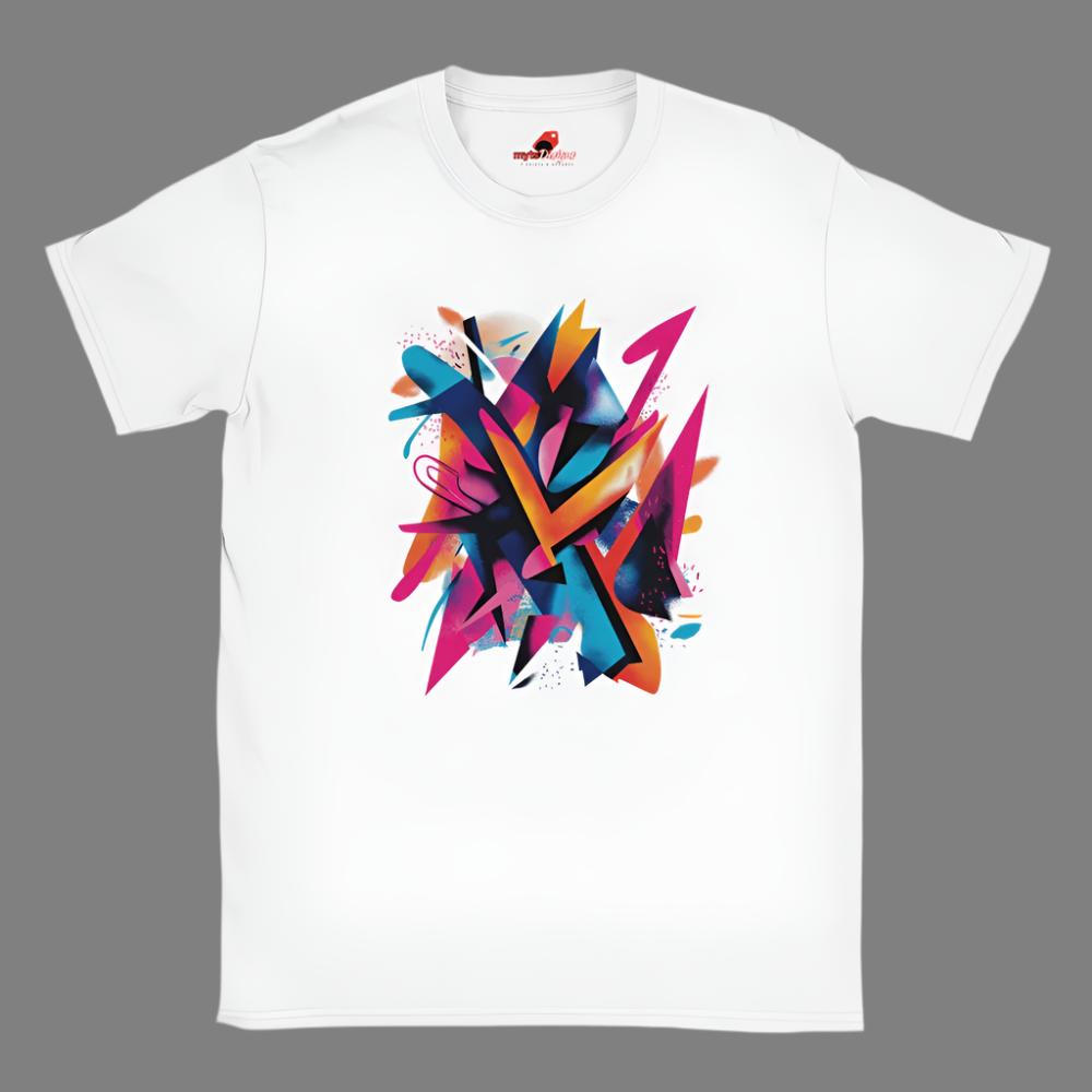 A white unisex t-shirt with a vivid abstract colored graphic design spread across the front.