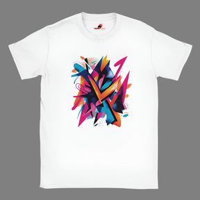 A white unisex t-shirt with a vivid abstract colored graphic design spread across the front.