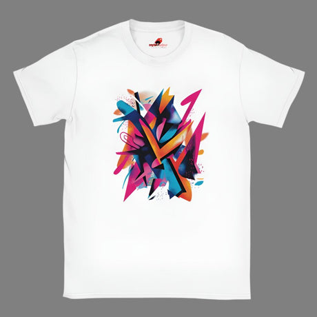 A white unisex t-shirt with a vivid abstract colored graphic design spread across the front.