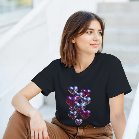 Woman wearing a black t-shirt with colorful heart design sitting outdoors.