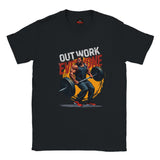 Black t-shirt with a graphic of a man lifting weights and text 'Out Work Everyone' on a white background.