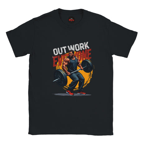 Black t-shirt with a graphic of a man lifting weights and text 'Out Work Everyone' on a white background.