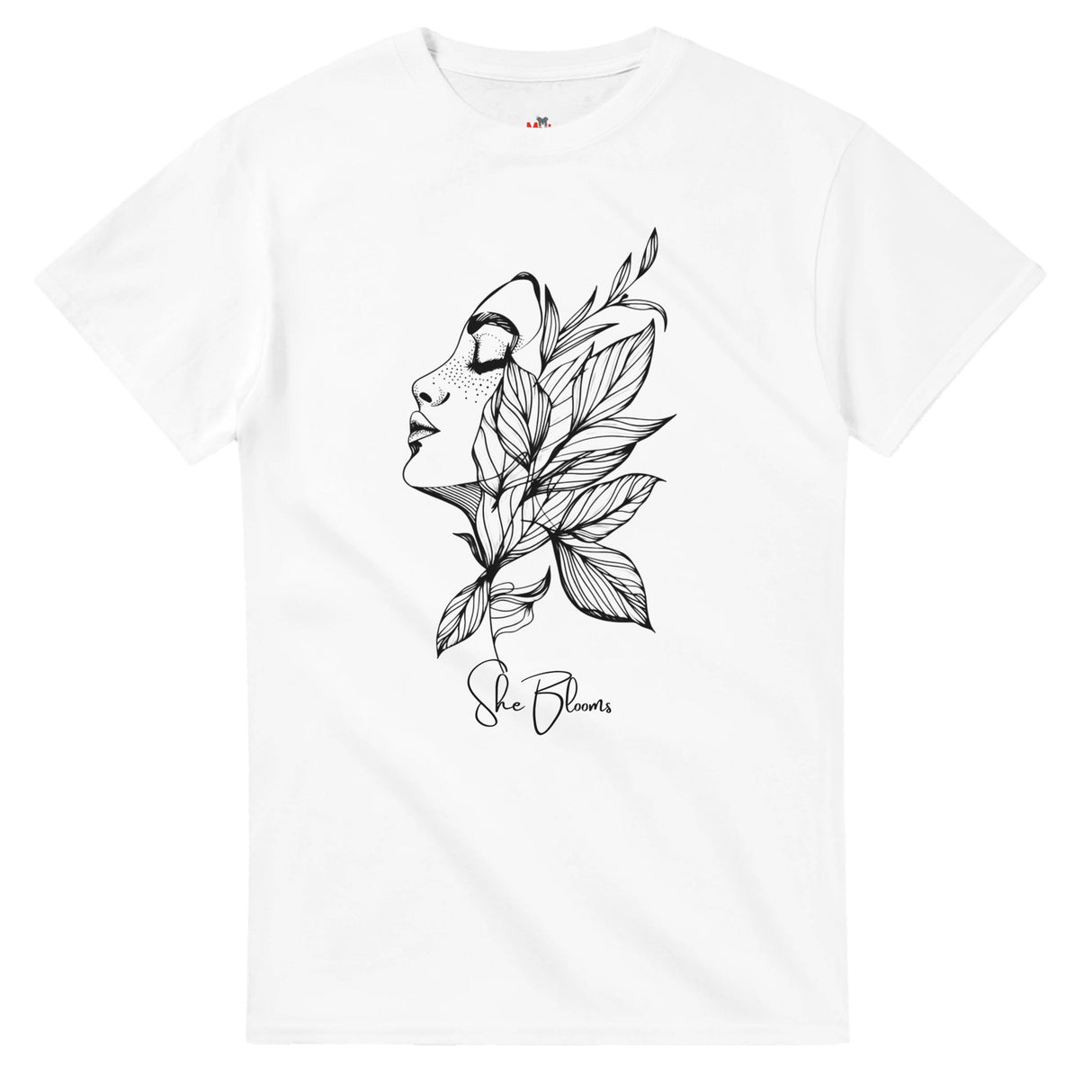 White t-shirt with black floral and face design on a white background