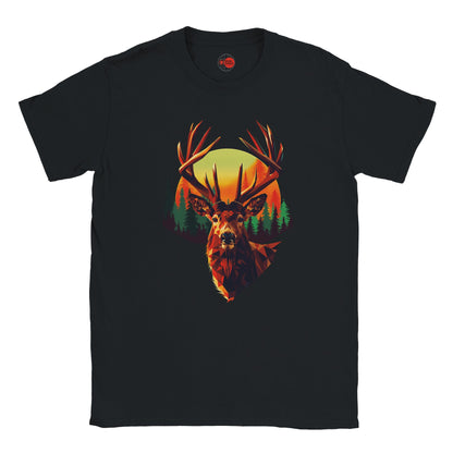 Black t-shirt with a deer head design on a white background