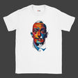 White t-shirt with a colorful graphic of a face on a grey background