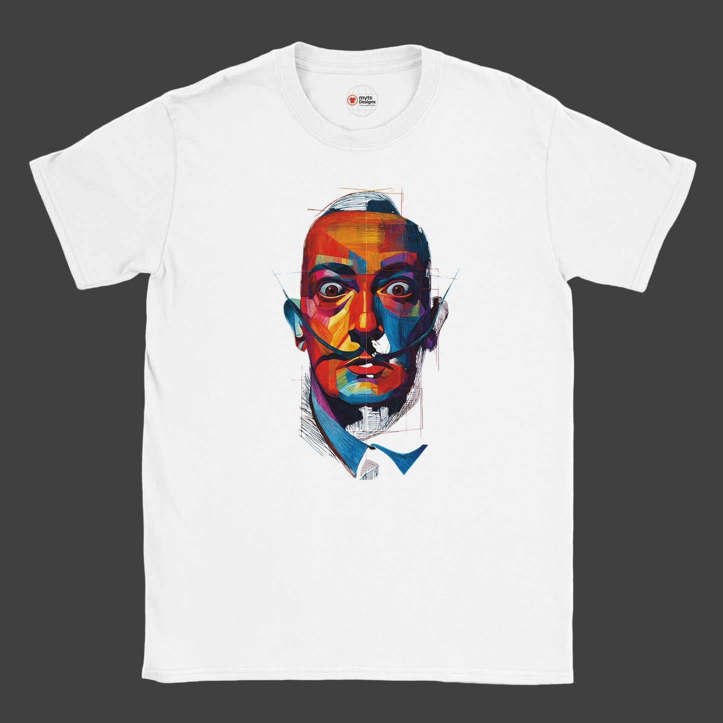 White t-shirt with a colorful graphic of a face on a grey background