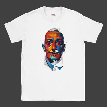 White t-shirt with a colorful graphic of a face on a grey background