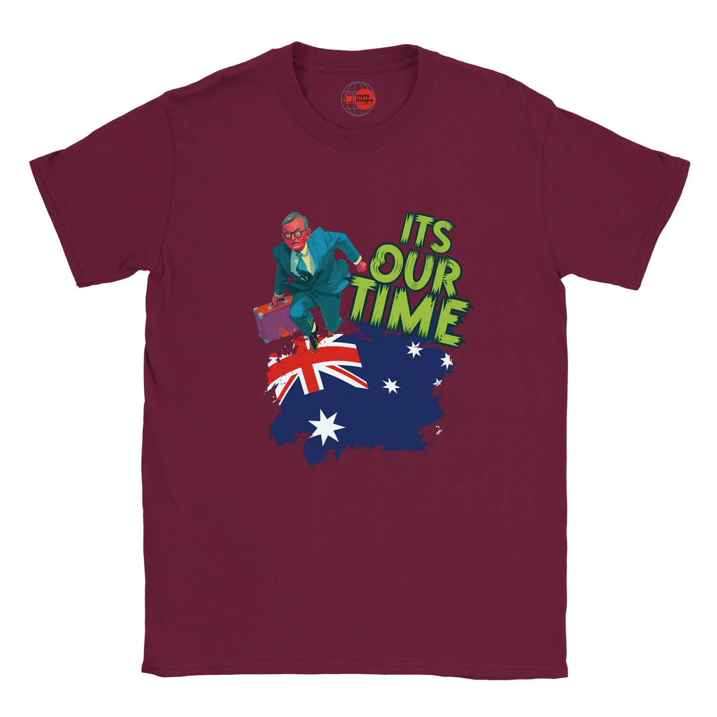 Maroon t-shirt with a graphic of a person, Australian flag, and 'It's Our Time' text on a white background