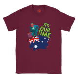 Maroon t-shirt with a graphic of a person, Australian flag, and 'It's Our Time' text on a white background