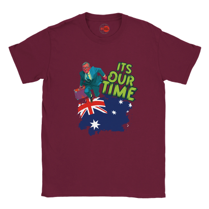 Maroon t-shirt with a graphic of a person, Australian flag, and 'It's Our Time' text on a white background