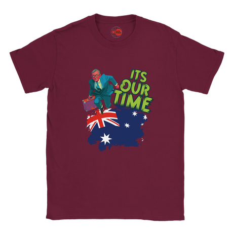 Maroon t-shirt with a graphic of a person, Australian flag, and 'It's Our Time' text on a white background