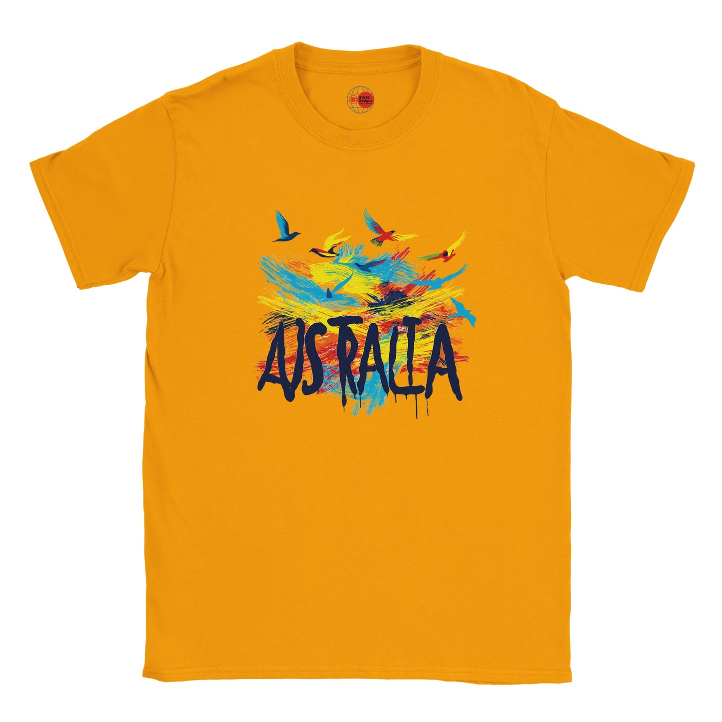 Gold T-shirt with colorful 'Australia' design on a white background