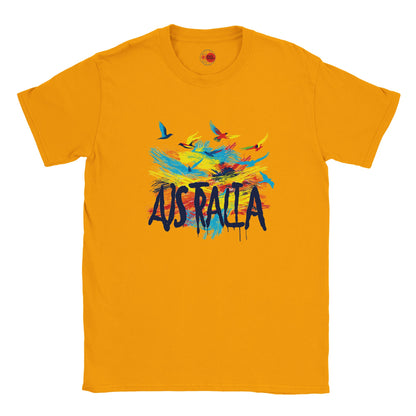 Gold T-shirt with colorful 'Australia' design on a white background