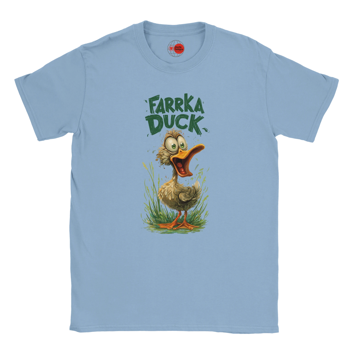 Light blue t-shirt with a cartoon duck and 'Farrka Duck' text on a white background