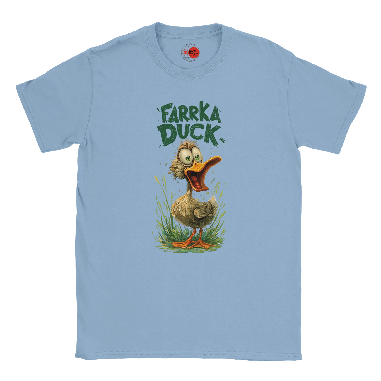 Light blue t-shirt with a cartoon duck and 'Farrka Duck' text on a white background