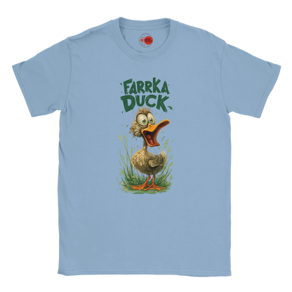 Light blue t-shirt with a cartoon duck and 'Farrka Duck' text on a white background
