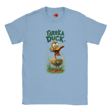 Light blue t-shirt with a cartoon duck and 'Farrka Duck' text on a white background