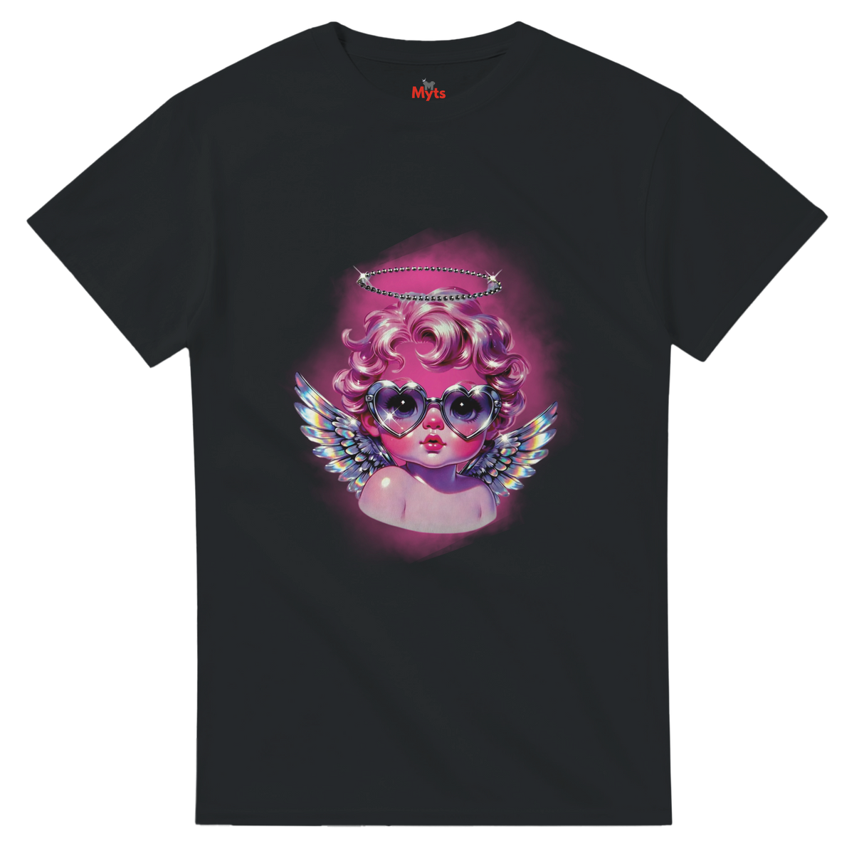 Black t-shirt with a colorful graphic of an angelic figure wearing sunglasses on a white background