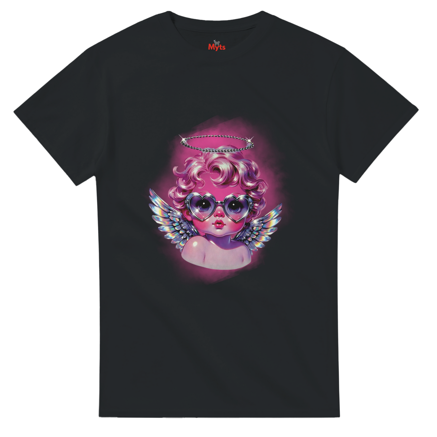 Black t-shirt with a colorful graphic of an angelic figure wearing sunglasses on a white background