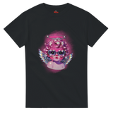 Black t-shirt with a colorful graphic of an angelic figure wearing sunglasses on a white background
