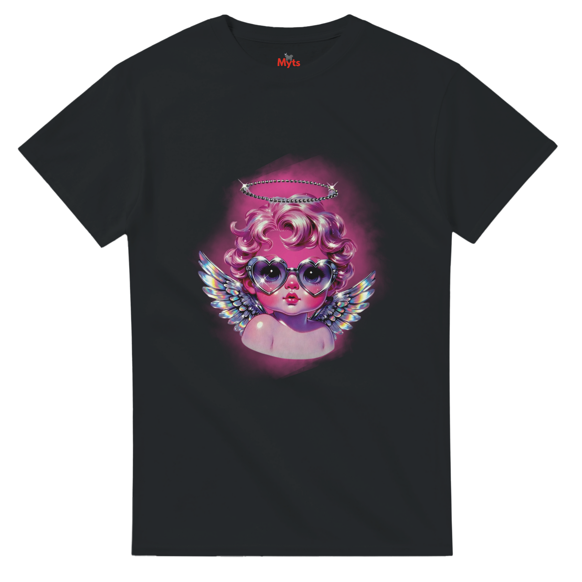 Black t-shirt with a colorful graphic of an angelic figure wearing sunglasses on a white background