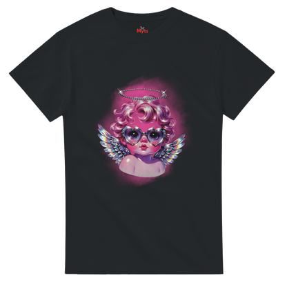 Black t-shirt with a colorful graphic of an angelic figure wearing sunglasses on a white background