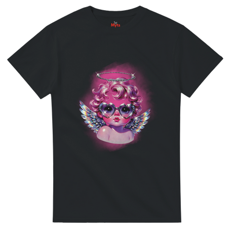 Black t-shirt with a colorful graphic of an angelic figure wearing sunglasses on a white background