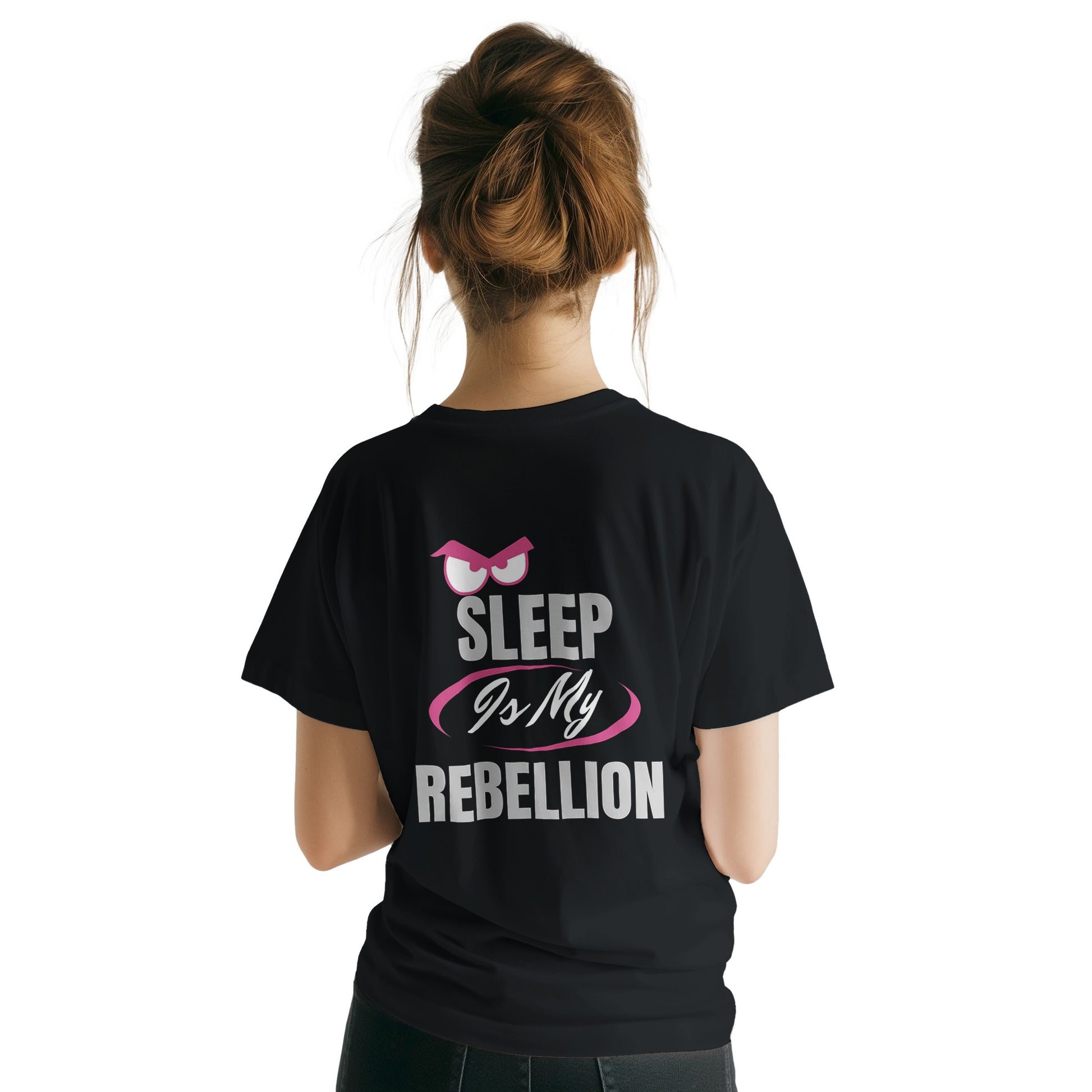 Person wearing a black t-shirt with 'Sleep is my Rebellion' text on the back.