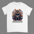 A colorful t-shirt featuring an illustration of a Grimalkin cat with a fantasy-themed background.