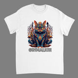 A colorful t-shirt featuring an illustration of a Grimalkin cat with a fantasy-themed background.