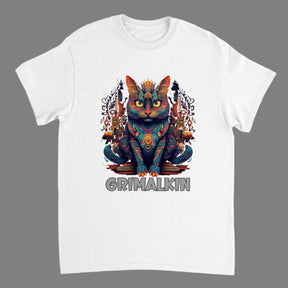 A colorful t-shirt featuring an illustration of a Grimalkin cat with a fantasy-themed background.