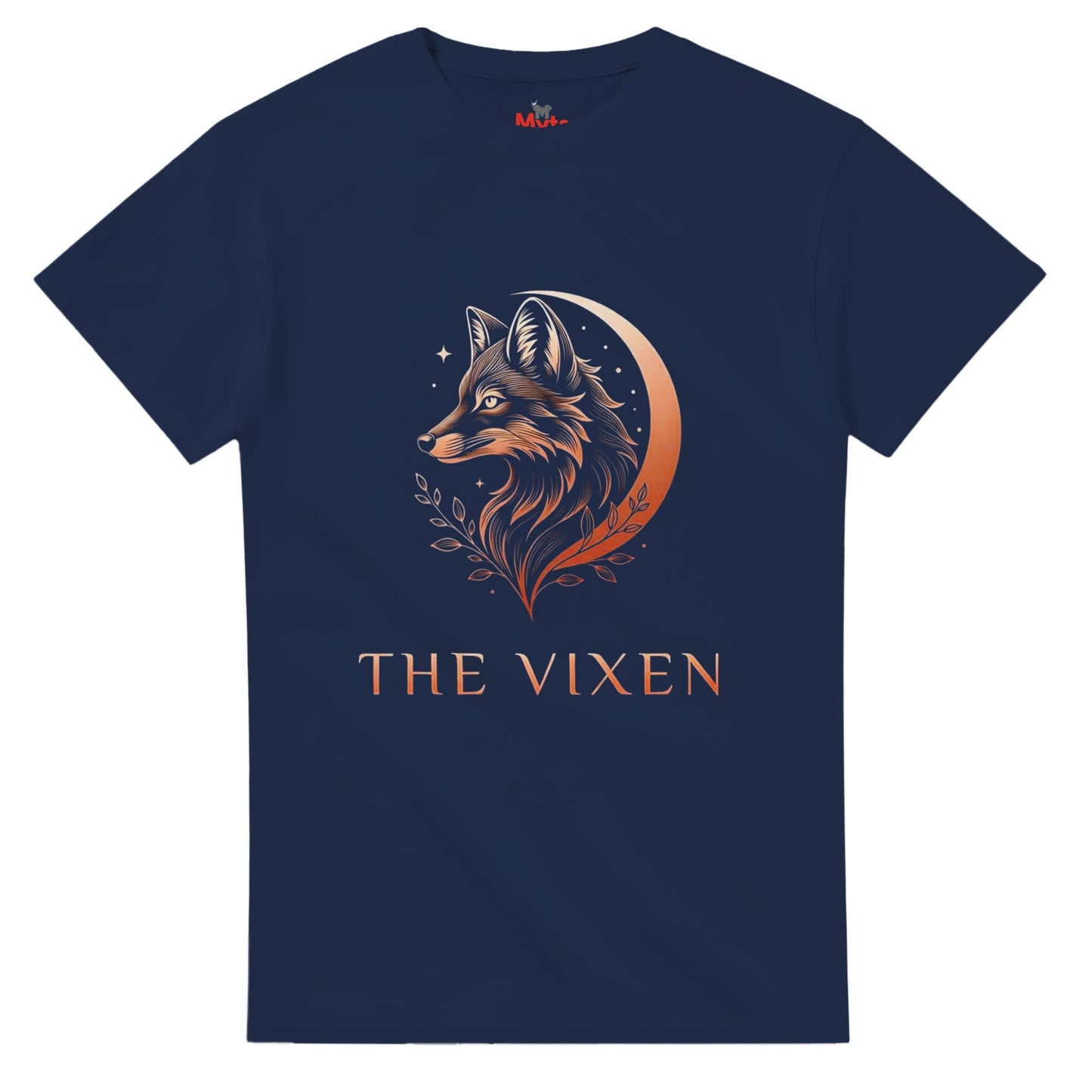 A navy The Vixen Moon fox graphic T-shirt featuring a detailed celestial fox portrait, crescent moon, stars and botanical artwork.