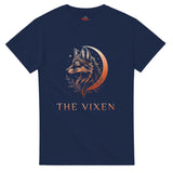 A navy The Vixen Moon fox graphic T-shirt featuring a detailed celestial fox portrait, crescent moon, stars and botanical artwork.