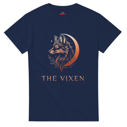 A navy The Vixen Moon fox graphic T-shirt featuring a detailed celestial fox portrait, crescent moon, stars and botanical artwork.