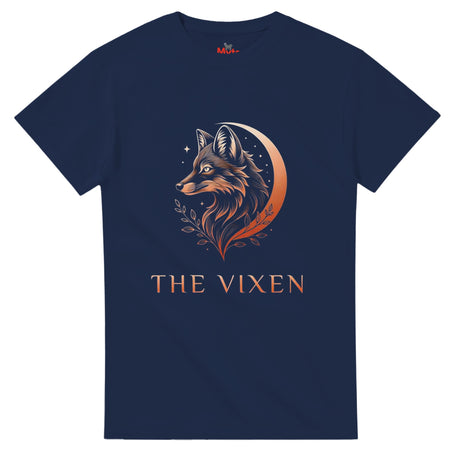 A navy The Vixen Moon fox graphic T-shirt featuring a detailed celestial fox portrait, crescent moon, stars and botanical artwork.