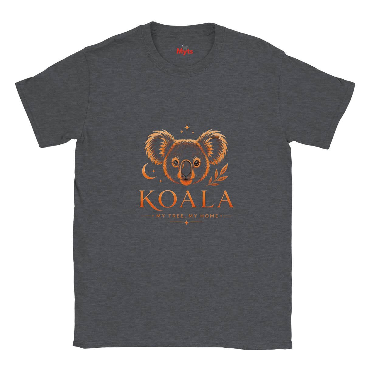 A dark heather gray t-shirt with a graphic of a koala face and the word 'KOALA' in orange, with 'MY TREE, MY HOME' underneath, on a plain white background.